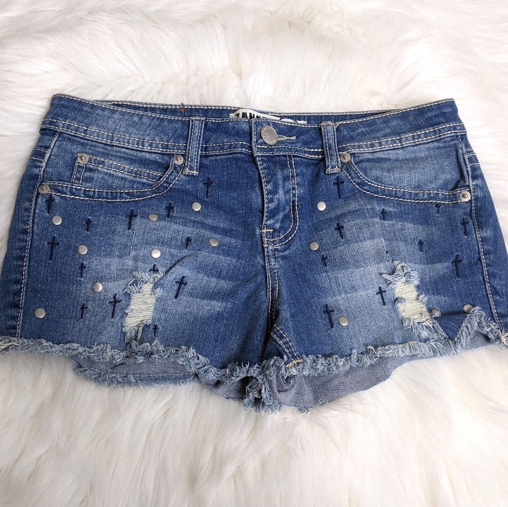 Zanadi Blue Denim Jean Shorts Black Crosses Cross Grunge Goth